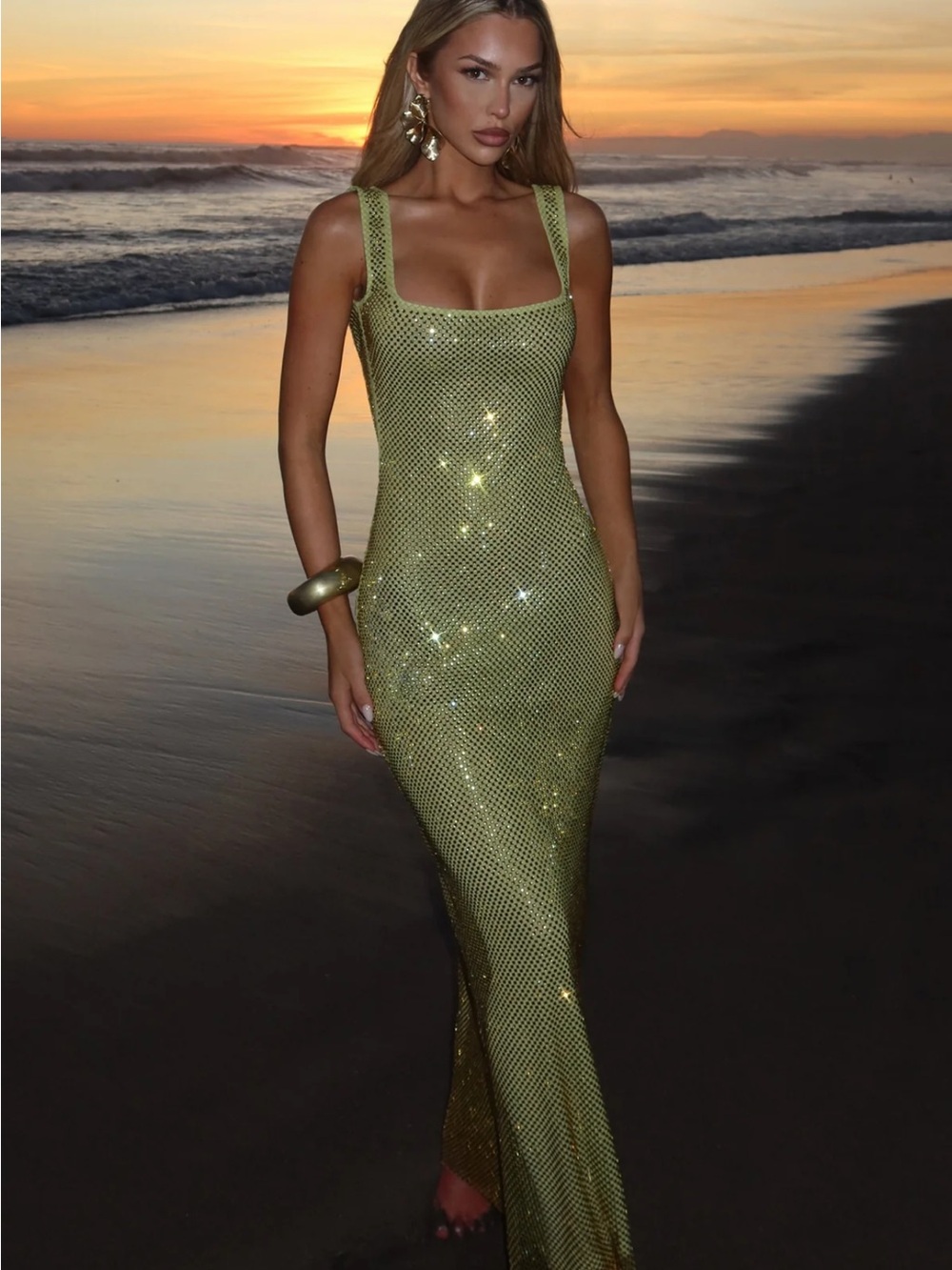 NWOT BabyBoo PETRA Olive Swarovski Crystal Mesh Square-Neck Maxi Dress Sz XS - Picture 6 of 6
